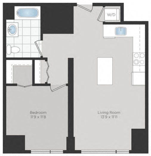 Floor plan for 1 bed, 1 bath, 691 sqft